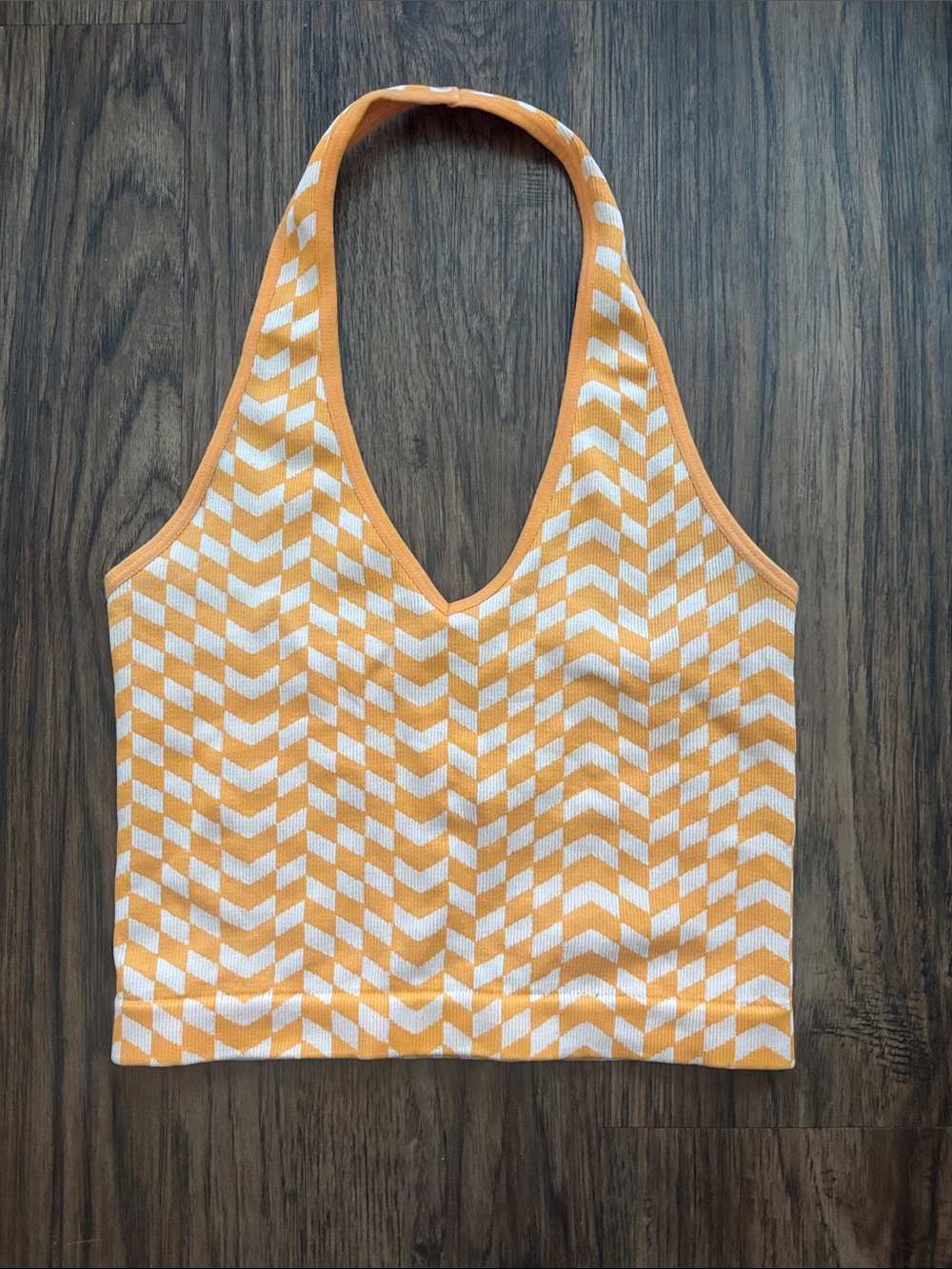 Bella Seamless Yellow White Chevron Halter Crop Tank Top Size M Ribbed Knit